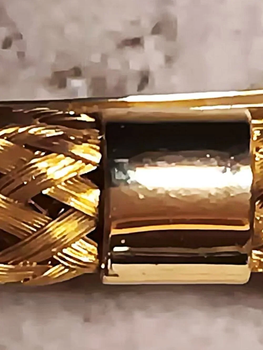 1970'S Vintage France (stamped) hair barrette, gold tone woven metal slim bow.